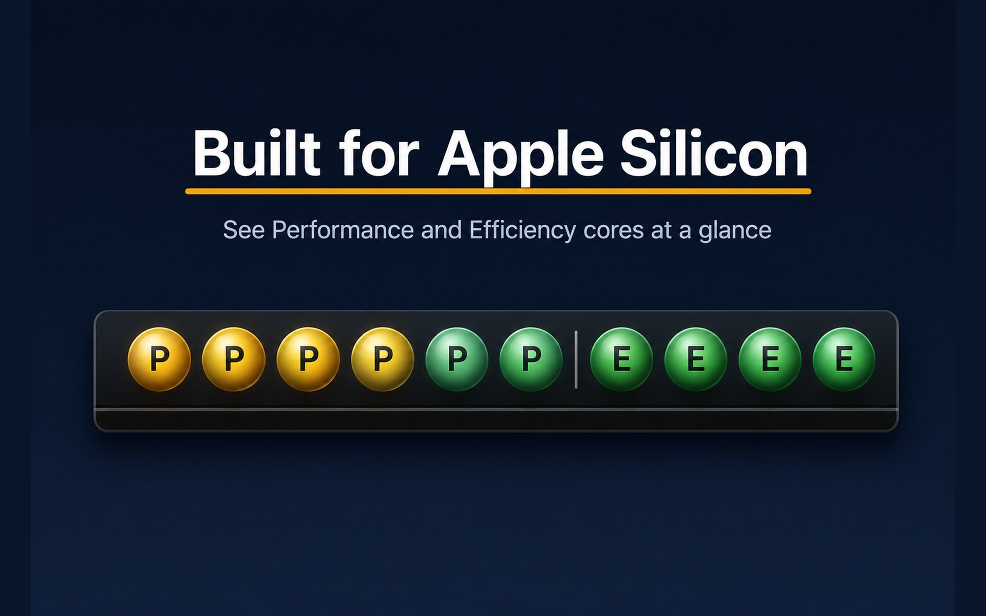 Built for Apple Silicon — Glass-ball LED row in the macOS menu bar with the Performance / Efficiency cluster divider visible