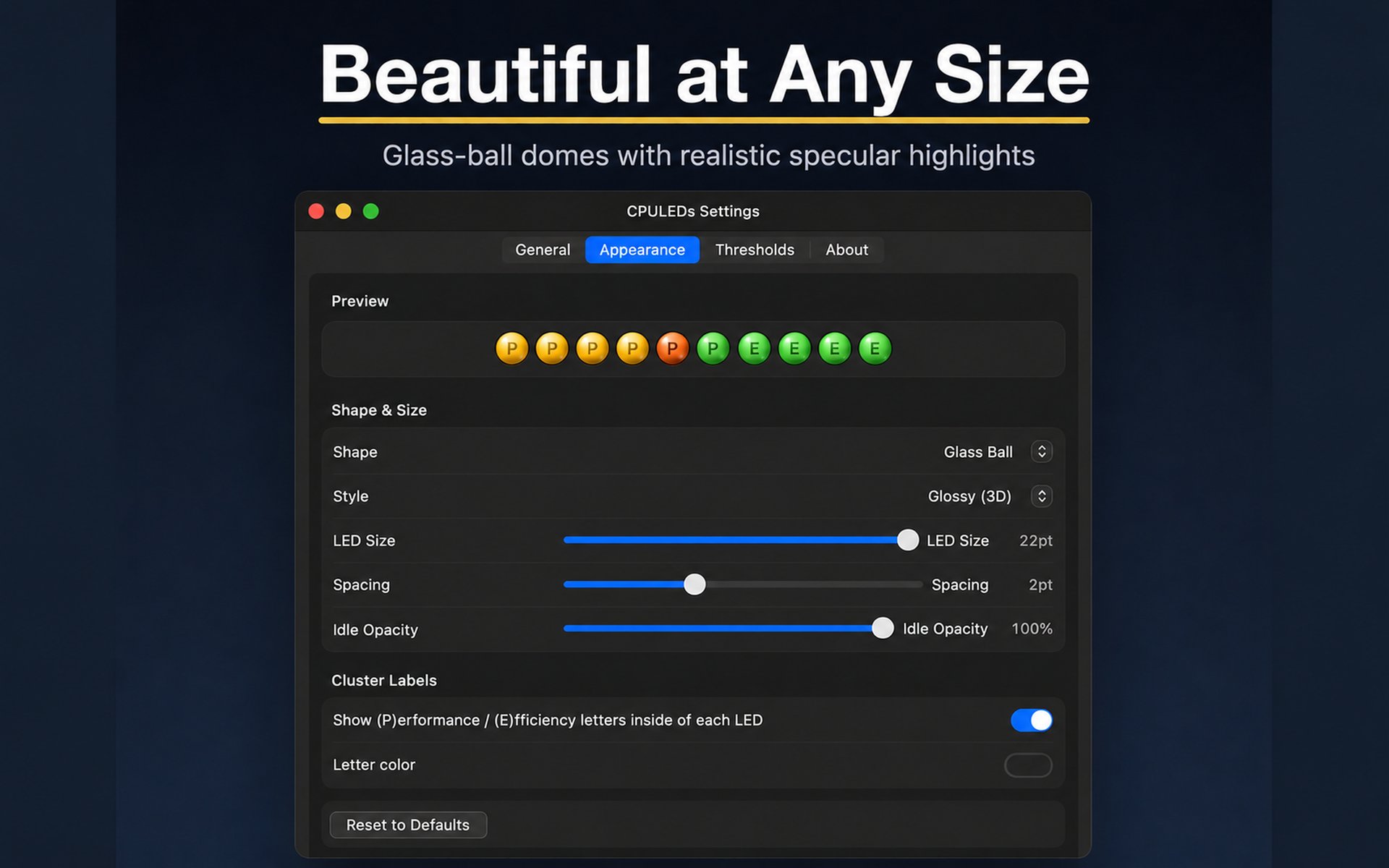 Beautiful at any size — CPULEDs Appearance settings showing the Glass Ball glossy 3D shape with realistic specular highlights