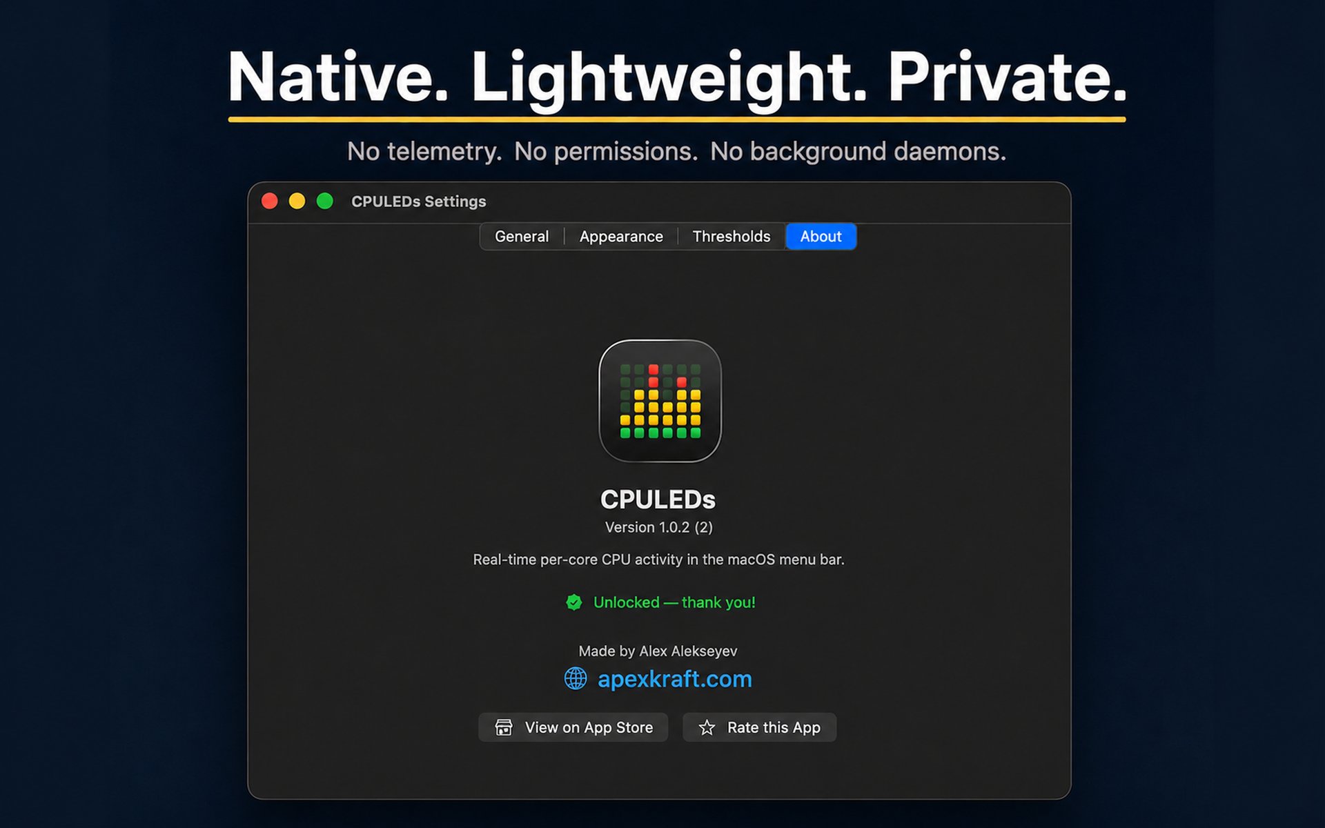 Native, lightweight, private — CPULEDs About pane showing the unlocked state, version, and ApexKraft attribution