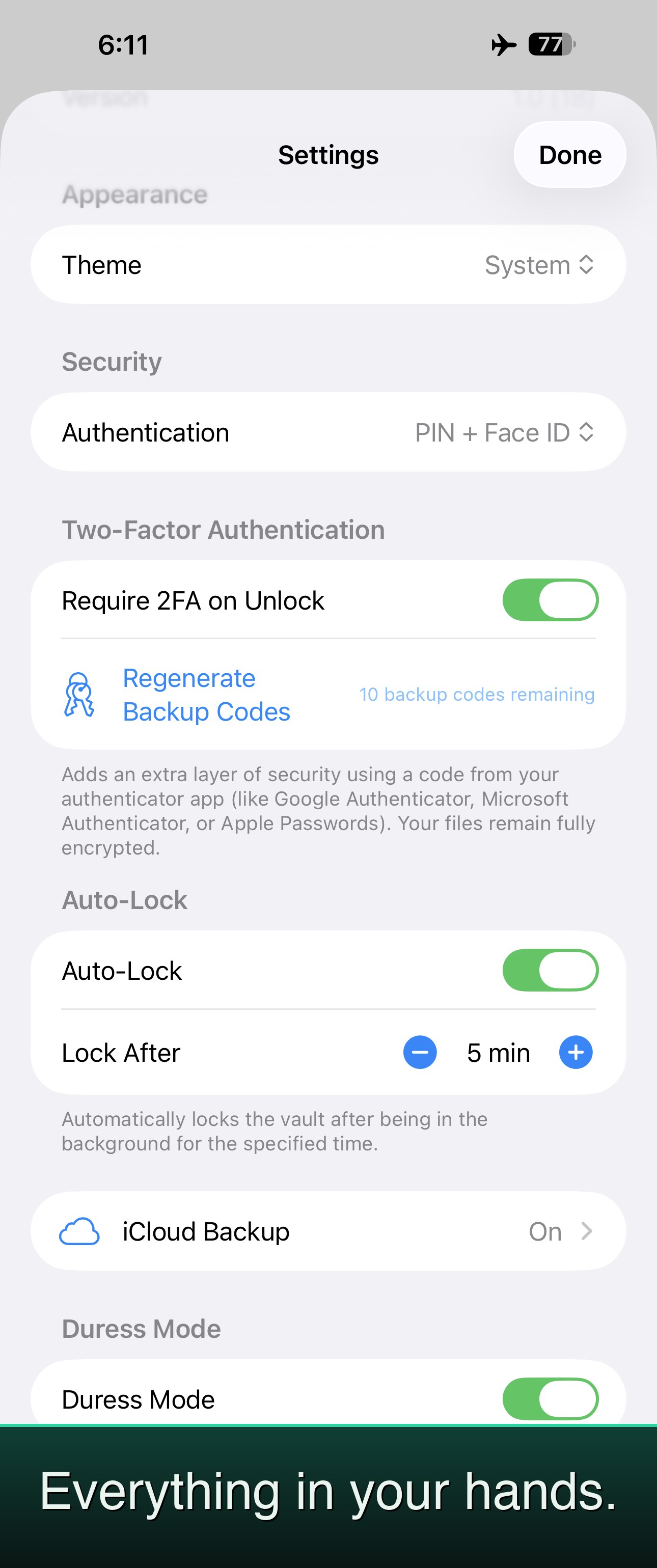 Everything in your hands. — FileStasher Settings with Two-Factor Authentication, Auto-Lock, iCloud Backup, and Duress Mode