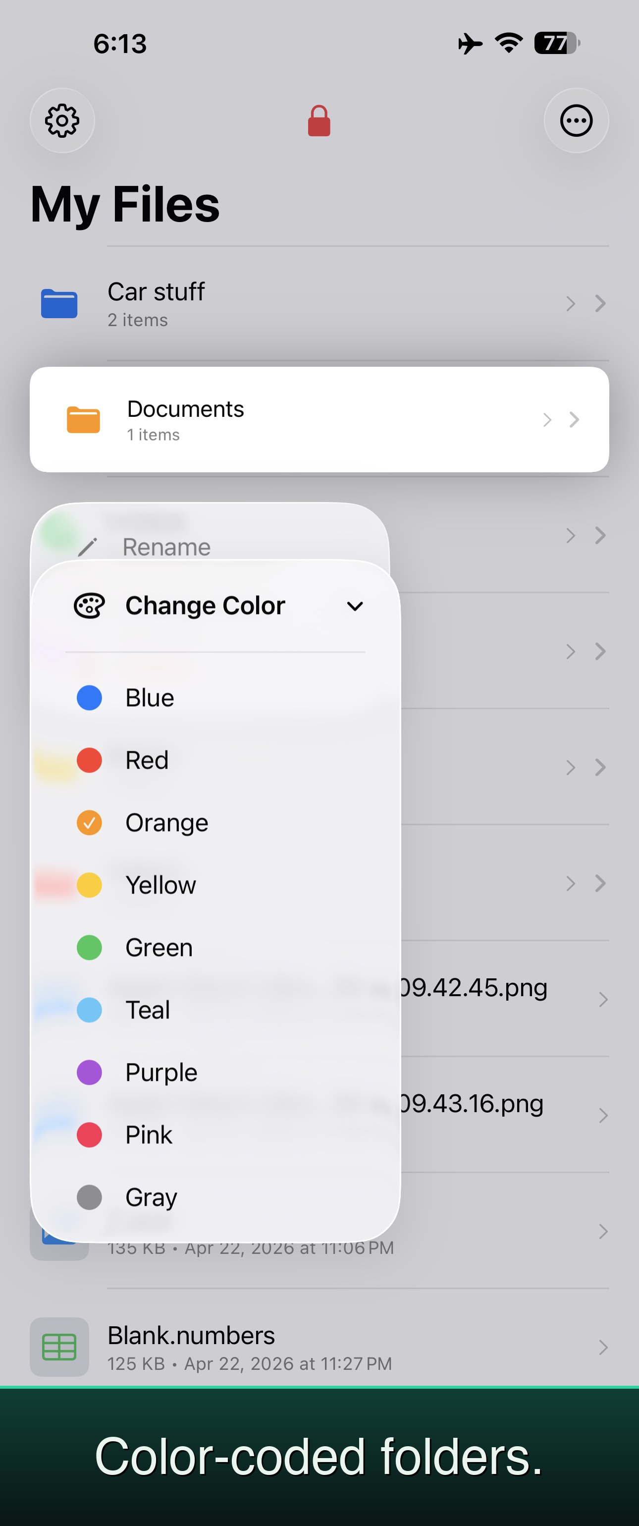 Color-coded folders. — FileStasher folder color picker showing nine color options