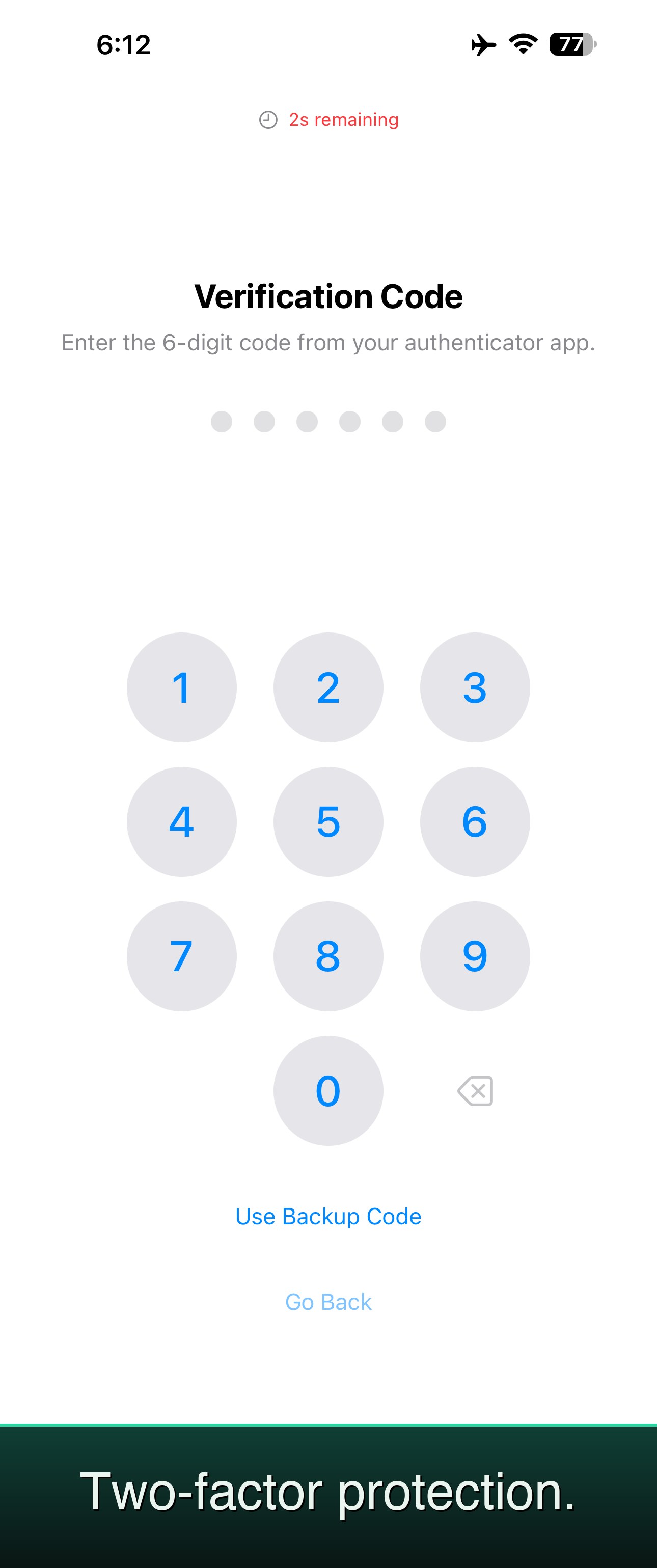 Two-factor protection. — FileStasher Two-Factor Authentication verification code entry