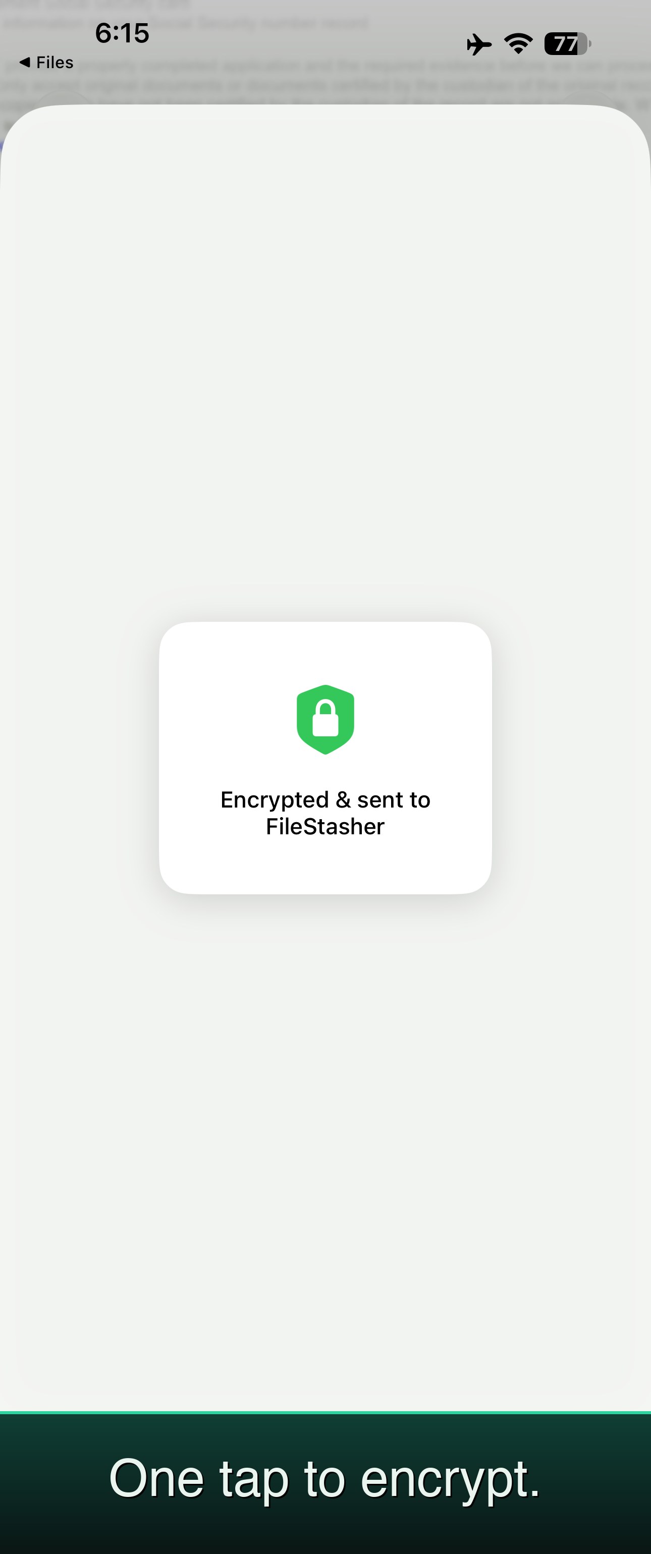One tap to encrypt. — FileStasher share extension confirmation: Encrypted & sent to FileStasher