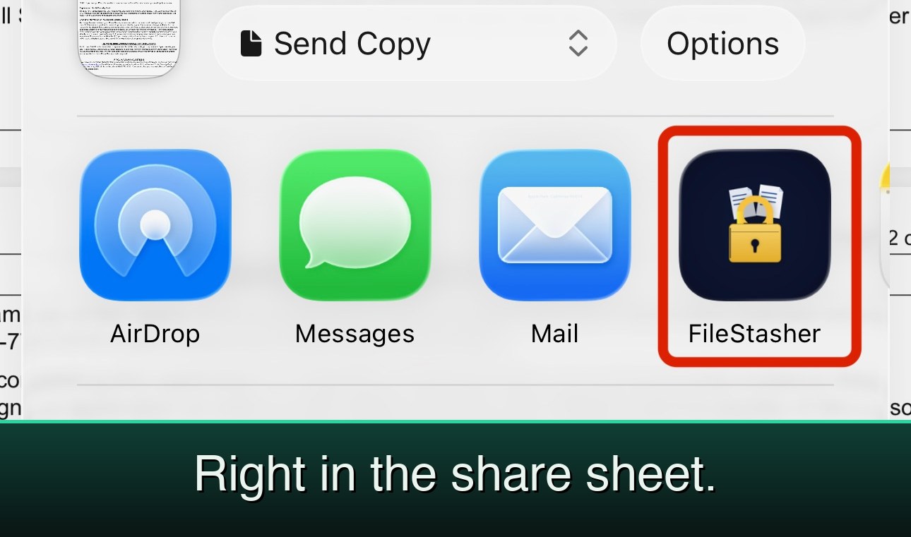 Right in the share sheet. — iOS share sheet showing FileStasher as a destination alongside AirDrop, Messages, and Mail