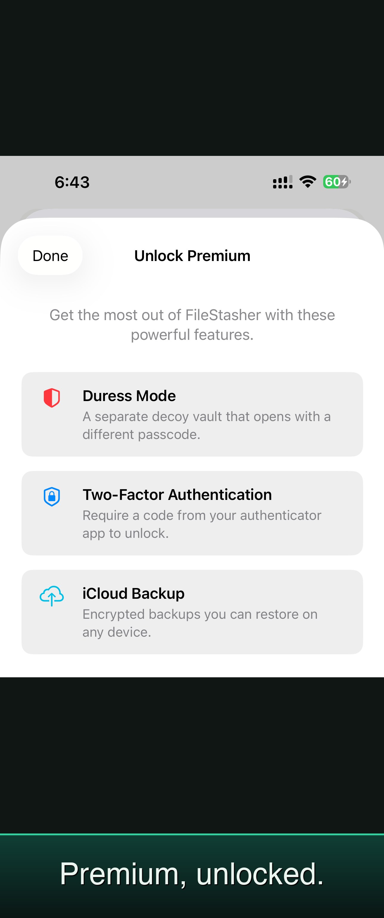 Premium, unlocked. — FileStasher Premium overview: Duress Mode, Two-Factor Authentication, and iCloud Backup
