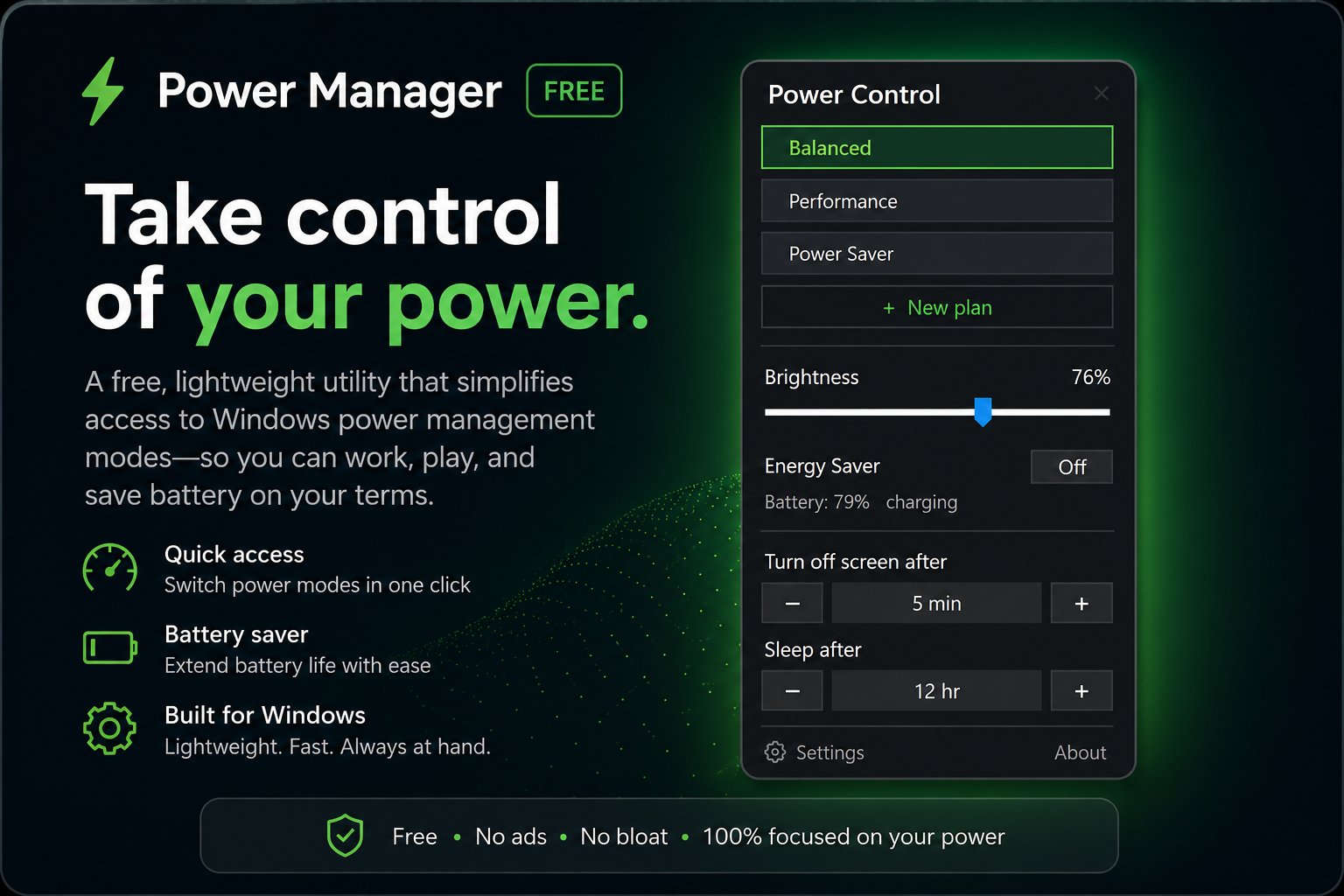 ApexKraft Power Manager — 'Take control of your power.' A free, lightweight Windows utility shown with its Power Control tray flyout: Balanced plan active, brightness at 76%, Energy Saver off, battery 79% charging, and screen-off and sleep timeout presets.