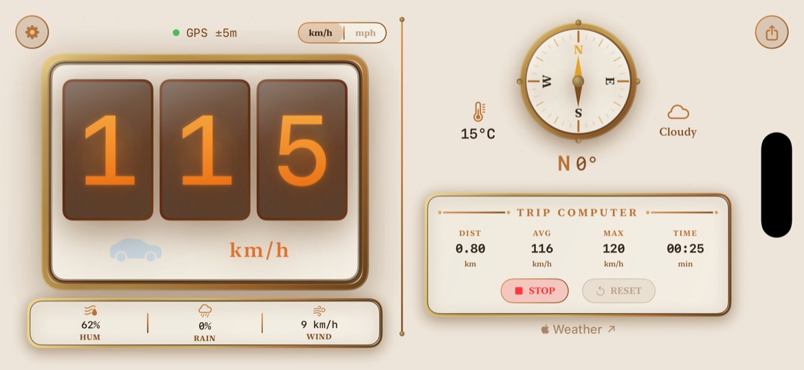 Speed-O-Meter Pro showing unit selection between mph, km/h, and knots