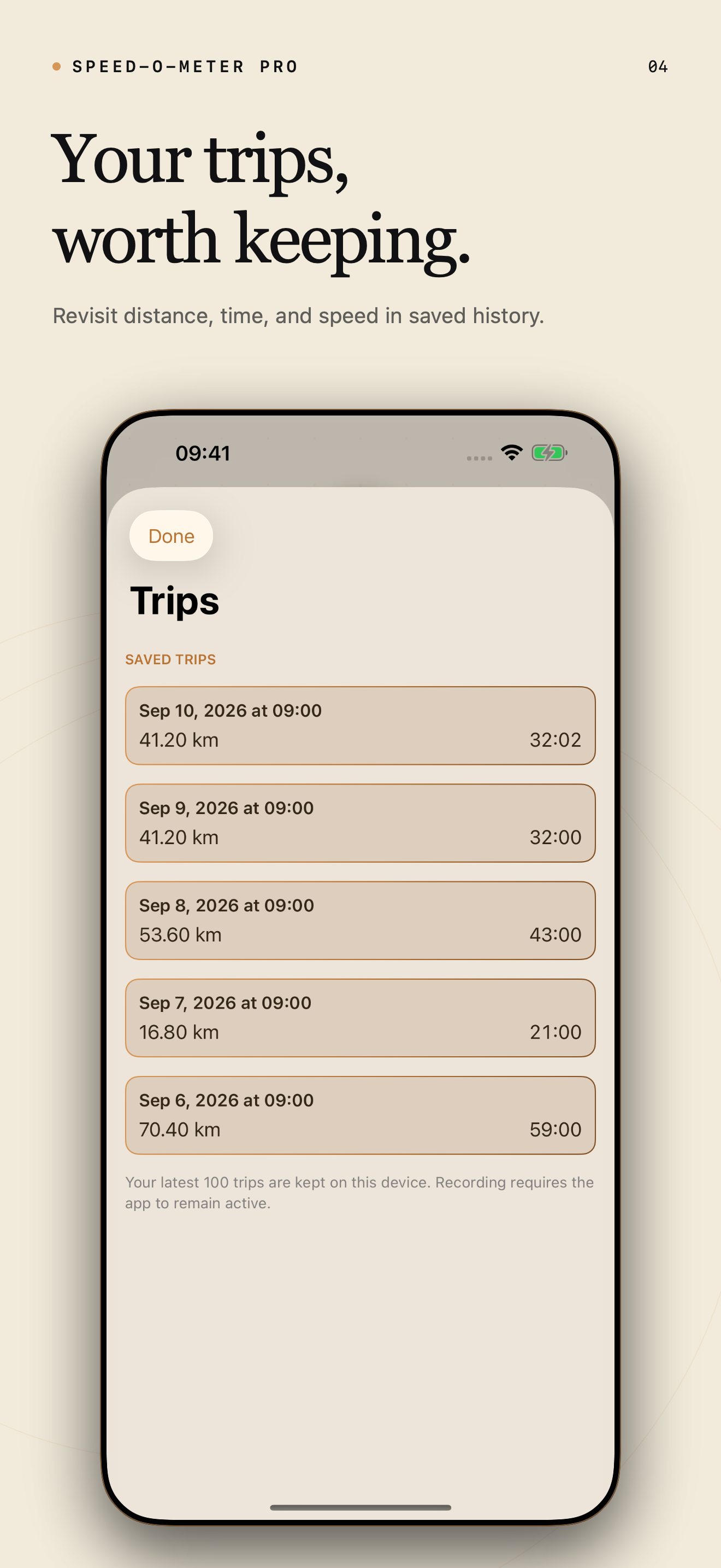 Saved trips with distance, duration, and speed statistics