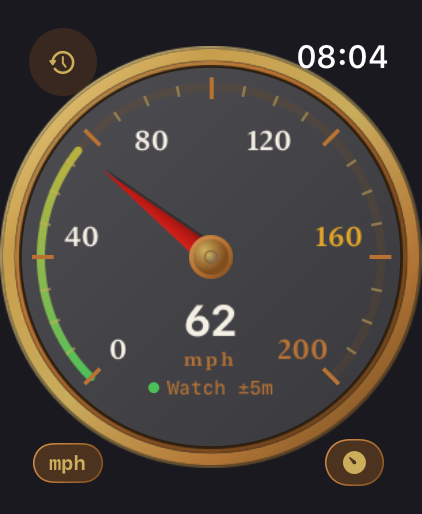 Speed-O-Meter Pro analog speed dial on Apple Watch Ultra