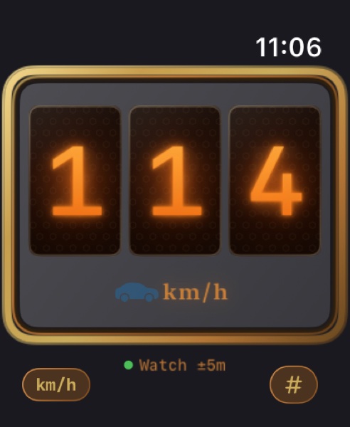 Speed-O-Meter Pro on Apple Watch showing speed at a glance