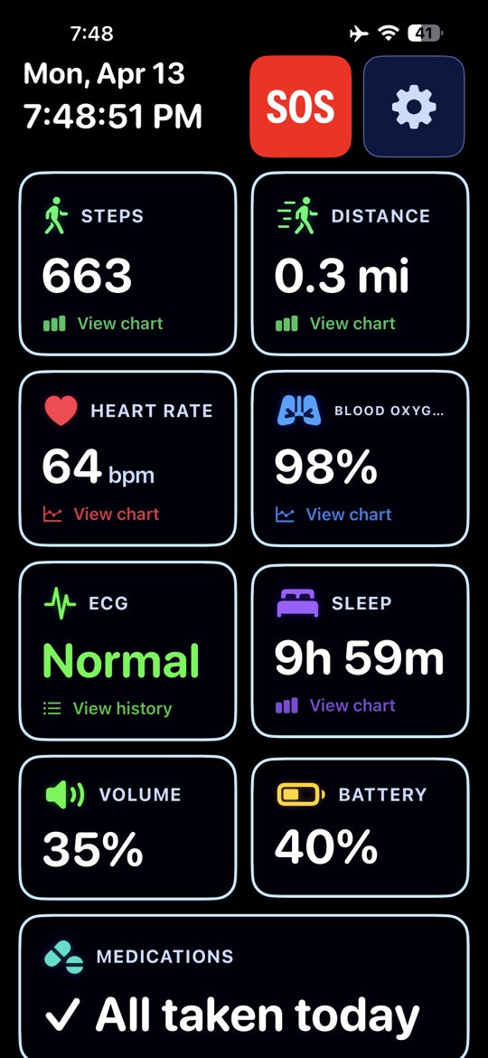 VitaVitals detailed heart rate view with current, resting, and walking averages