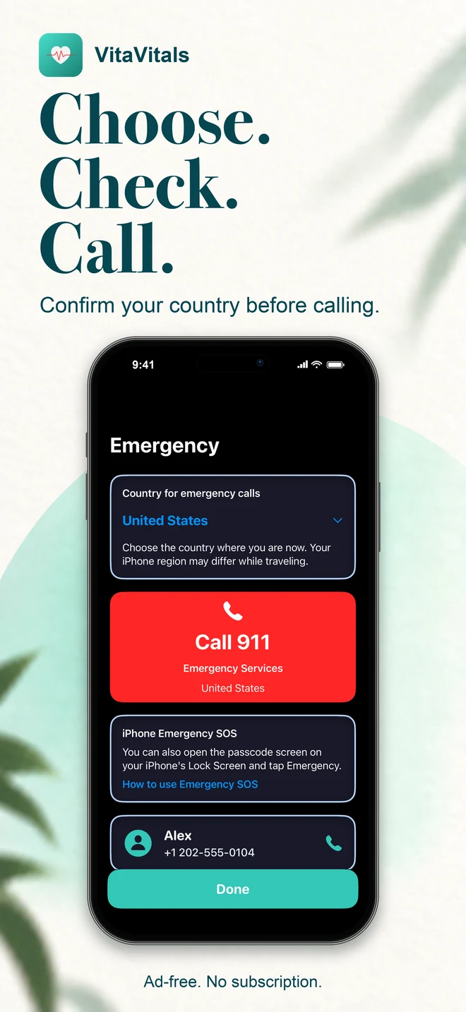 Helpful contacts, close at hand: emergency services, a personal contact, and your doctor.